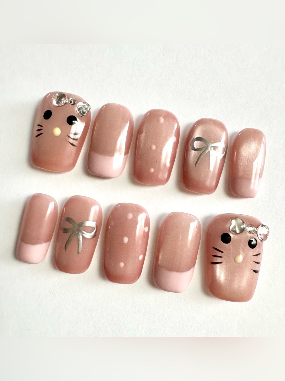 Cute Pink Cat Eye Press-On Nail Set with Bow & Kitty Accents